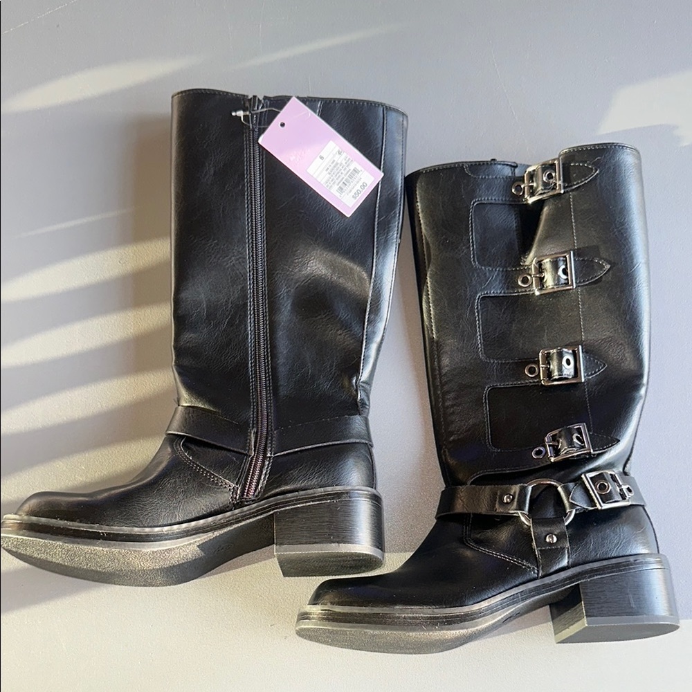 Wild Fable. Black Leather Combat Moto Boots with Buckle Straps